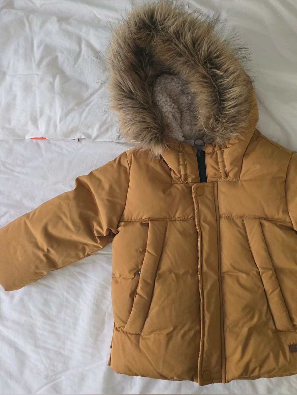 Zara Kids Mustard Brown Puffer Jacket with Faux Fur Hood